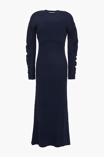 CEDRIC CHARLIER Ruched ribbed cotton and cashmere-blend midi dress