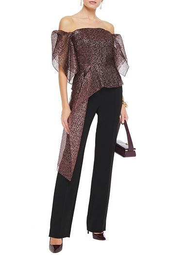 ROLAND MOURET Starling off-the-shoulder ruffled fil coupé organza peplum top
