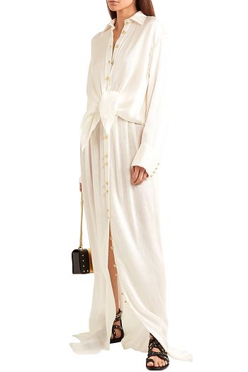 BALMAIN Plissierter Maxirock aus Seidensatin in Knitteroptik mit Zierknöpfen