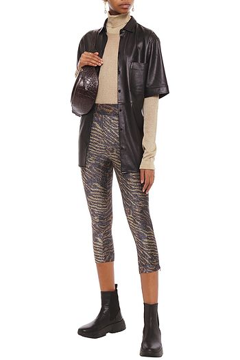 GANNI Cropped metallic tiger-print stretch-jersey leggings