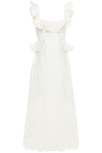 ZIMMERMANN Midikleid aus Tüll und Leinen mit Stickereien und Rüschen