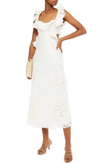 ZIMMERMANN Midikleid aus Tüll und Leinen mit Stickereien und Rüschen