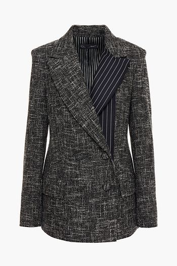 OSCAR DE LA RENTA Double-breasted pinstriped twill and cotton-blend tweed blazer