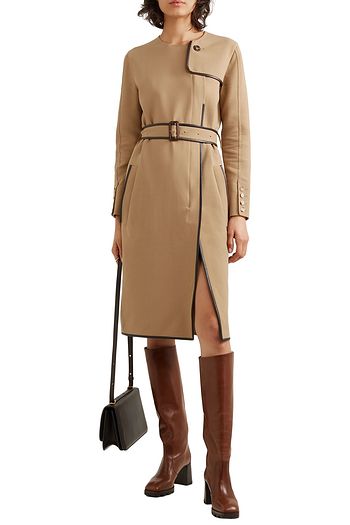 BURBERRY Belted leather-trimmed cady midi dress