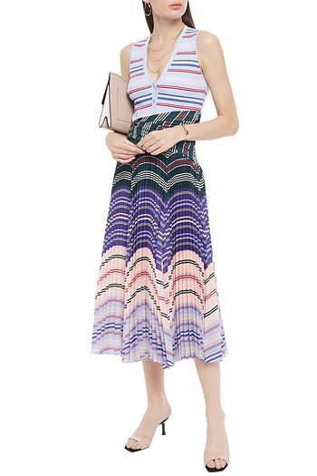 ALTUZARRA Pleated striped crepe and ribbed-knit midi dress