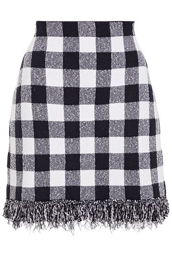 OSCAR DE LA RENTA Fringed checked bouclé-knit mini skirt