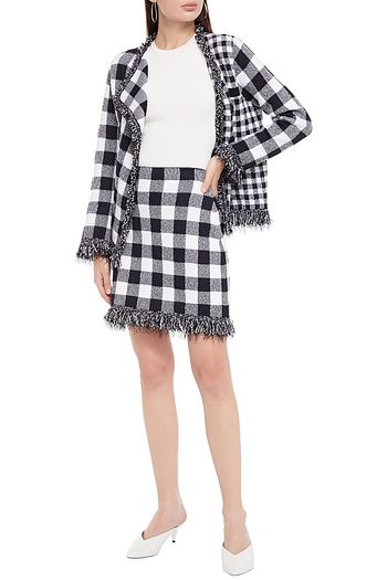 OSCAR DE LA RENTA Fringed checked bouclé-knit mini skirt