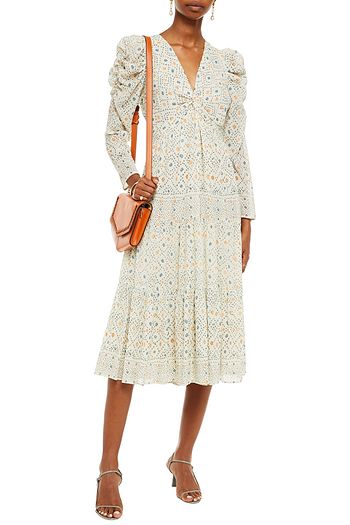 ULLA JOHNSON Bedrucktes Midikleid aus einer Baumwollmischung mit Metallic-Effekt und Twist-Detail an der Vorderseite