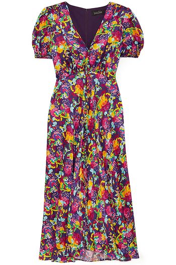 SALONI Lea shirred floral-print silk crepe de chine midi dress