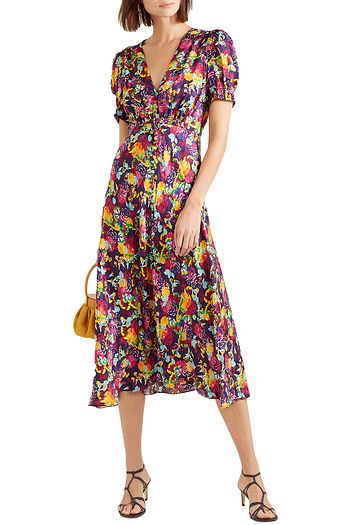 SALONI Lea shirred floral-print silk crepe de chine midi dress