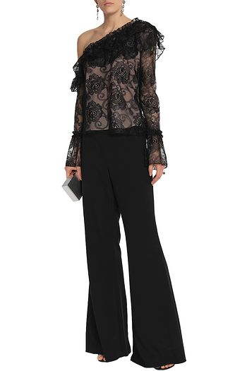 NICHOLAS One-shoulder ruffled embroidered tulle top