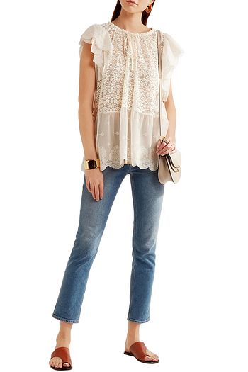 STELLA MCCARTNEY Laney embroidered tulle-paneled cotton-blend Leavers lace blouse