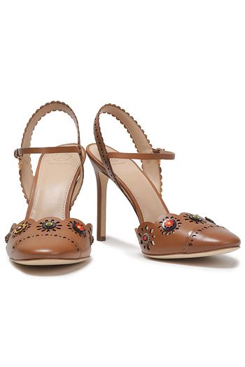 TORY BURCH Floral-appliquéd scalloped leather sandals