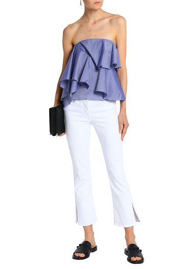 MILLY Strapless ruffled cotton-chambray top