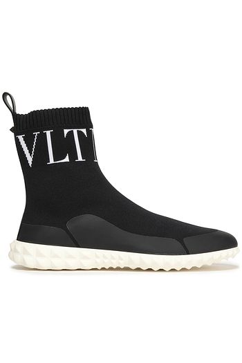 VALENTINO GARAVANI Leather-trimmed stretch-knit sneakers