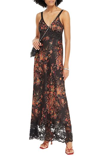 PACO RABANNE Lace-trimmed printed satin maxi dress