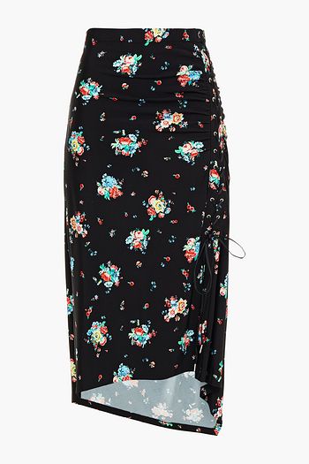 PACO RABANNE Lace-up ruched floral-print stretch-jersey midi skirt