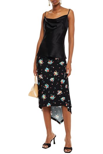 PACO RABANNE Lace-up ruched floral-print stretch-jersey midi skirt
