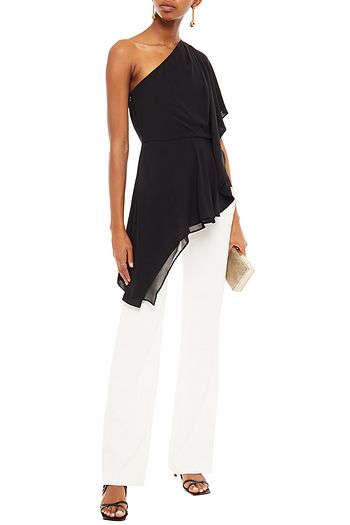 HALSTON One-shoulder draped georgette top
