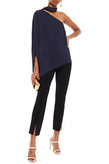 HALSTON One-shoulder tie-neck crepe top