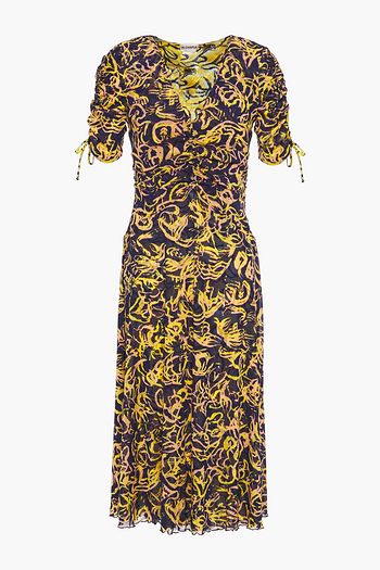 DIANE VON FURSTENBERG Wade reversible ruched printed stretch-mesh dress
