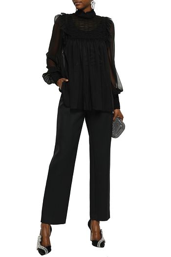 ALBERTA FERRETTI Ruffle-trimmed shirred tulle and silk-chiffon blouse