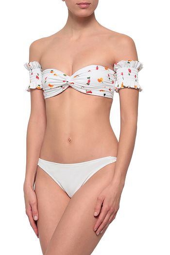 CAROLINE CONSTAS Off-the-shoulder twist-front floral-print bikini top