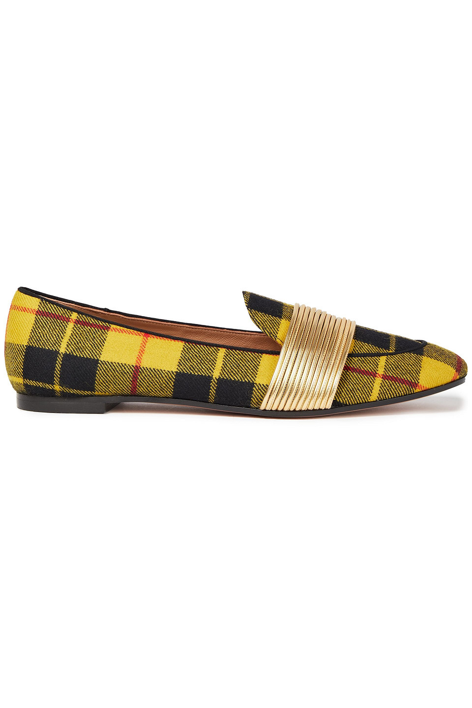 Woman Metallic Faux Leather And Checked Twill Loafers
