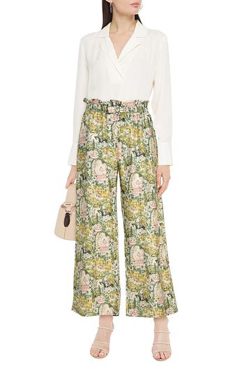 SHRIMPS Libra buckle-embellished printed silk-twill wide-leg pants