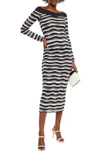 EMILIO PUCCI Off-the-shoulder metallic striped knitted midi dress