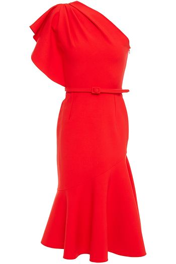 OSCAR DE LA RENTA One-shoulder fluted wool-blend crepe midi dress