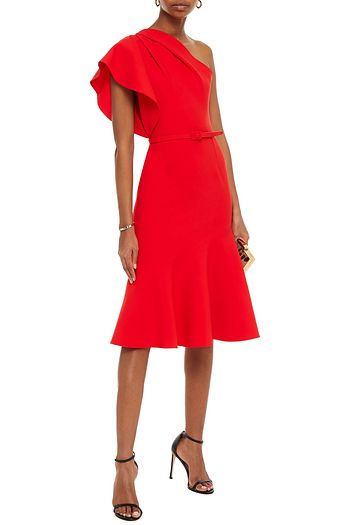 OSCAR DE LA RENTA One-shoulder fluted wool-blend crepe midi dress