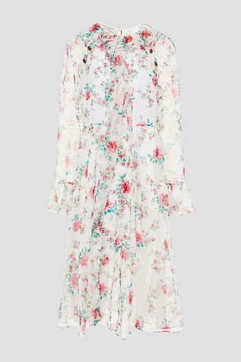 PHILOSOPHY DI LORENZO SERAFINI Pussy-bow ruffle-trimmed embellished floral-print voile dress
