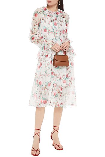 PHILOSOPHY DI LORENZO SERAFINI Pussy-bow ruffle-trimmed embellished floral-print voile dress