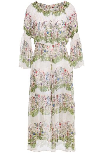 MAJE Ruisseau Midikleid aus Krepon aus einer Seidenmischung mit floralem Print und Metallic-Besatz