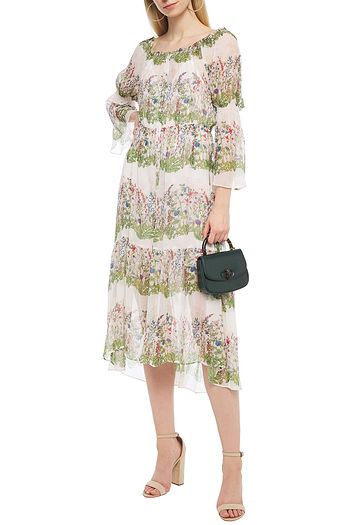 MAJE Ruisseau Midikleid aus Krepon aus einer Seidenmischung mit floralem Print und Metallic-Besatz