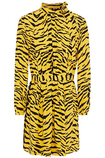 SAINT LAURENT Pussy-bow pleated tiger-print crepe mini dress