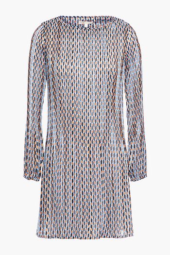 MAJE Plissiertes Minikleid aus glänzendem Jacquard mit Print und Metallic-Besatz