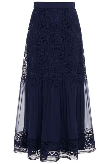 ALBERTA FERRETTI Paneled guipure lace and chiffon midi skirt