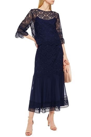 ALBERTA FERRETTI Paneled guipure lace and chiffon midi skirt