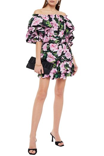 DOLCE & GABBANA Off-the-shoulder ruffled floral-print cotton-poplin mini dress