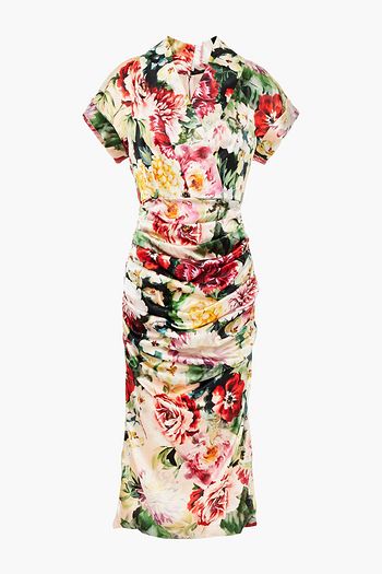 DOLCE & GABBANA Gerafftes Midikleid aus Satin aus einer Seidenmischung mit floralem Print