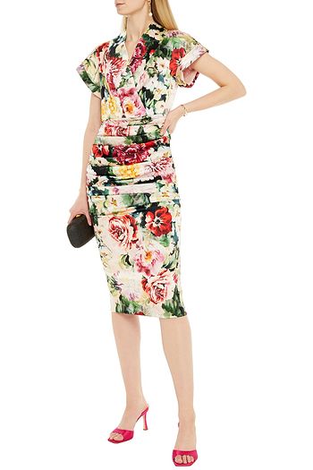 DOLCE & GABBANA Gerafftes Midikleid aus Satin aus einer Seidenmischung mit floralem Print