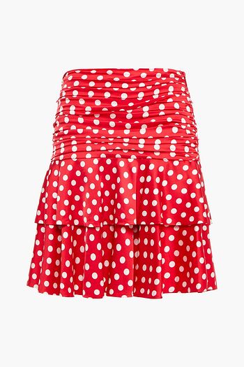 MOSCHINO Tiered ruched polka-dot satin mini skirt