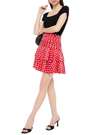 MOSCHINO Tiered ruched polka-dot satin mini skirt