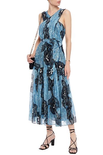 ULLA JOHNSON Crossover bedrucktes Midikleid aus Seide aus einer Lurex®-Mischung mit Falten und Fil Coupé