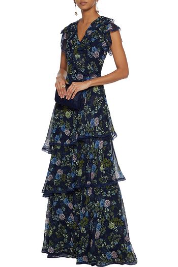 MIKAEL AGHAL Tiered lace-trimmed floral-print georgette gown