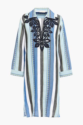 TORY BURCH Filipa embellished striped cotton-jacquard dress