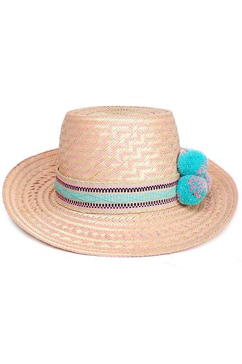 YOSUZI Pompom-embellished woven straw sunhat