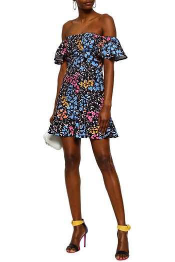 SALONI Off-the-shoulder ruffled floral-print cady mini dress